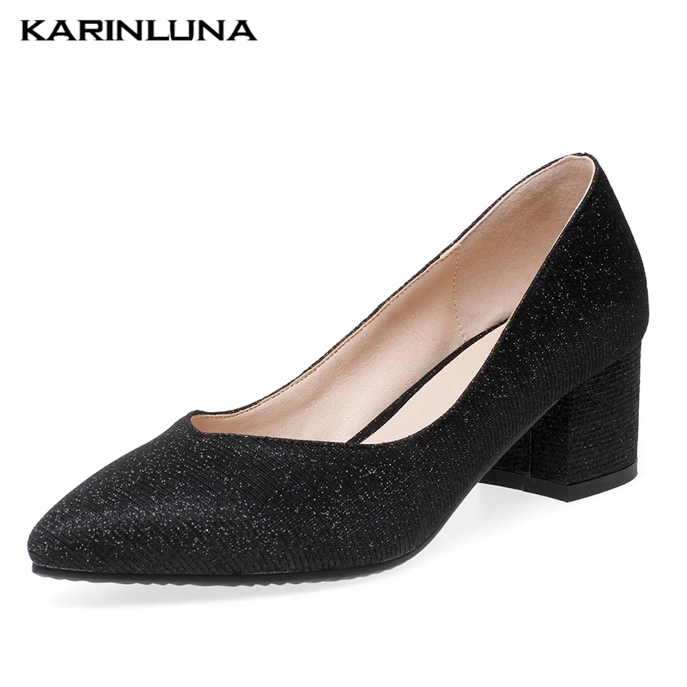 

Karinluna 2020 wholesale big size 31-43 pointed toe slip on casual pumps women shoes woman chunky heels shoes woman heeled