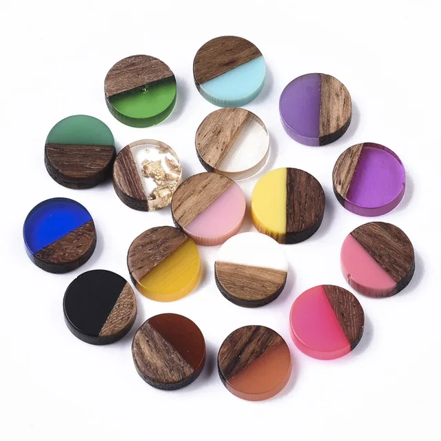 50pcs 10mm Resin & Wood Cabochons Resin Cabochon Flat Back for Jewelry Making DIY Bracelet Earring Accessories 10x3.5~4mm Random Mixed