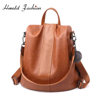 

HERALD FASHION Women Anti-thief Backpack Hair Ball High Quality Leather Big Capacity School Bag For Girls Travel Bags Hot Sales