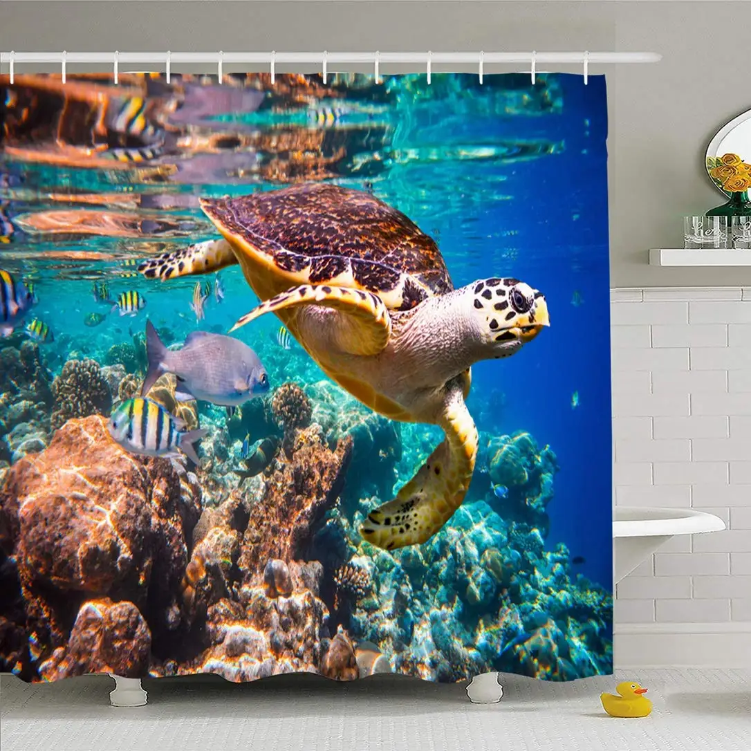 Душевая занавеска в комплекте с крючками 72x72 черепаха Hawksbill имбрикатная рыба
