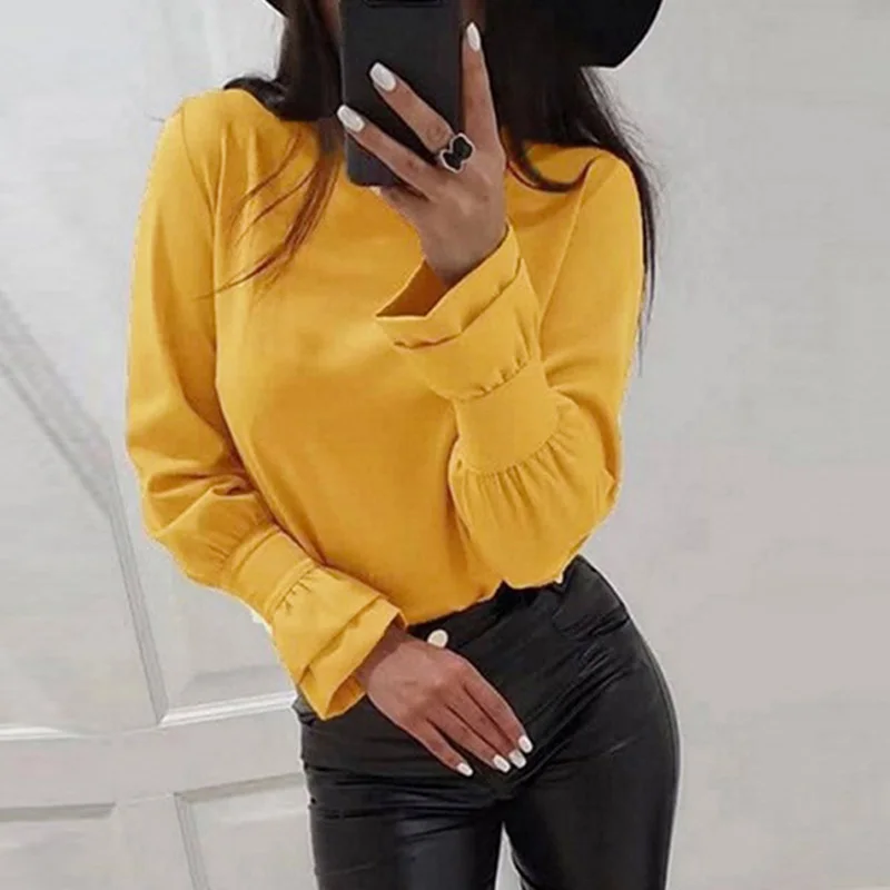 Yellow Женская рубашка, шифоновая блузка с длинным рукавом, женские осенние однотонные топы, элегантная Офисная Женская блузка, топы с круглым вырезом, блузы, Прямая поставка - Цвет: Yellow