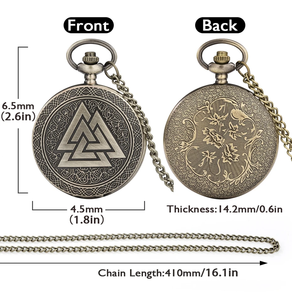 청동 빈티지 삼각형 Valknut 노르웨이 바이킹 석영 포켓 시계 목걸이 체인, 세 개의 연동 신화 아날로그 고리 시계