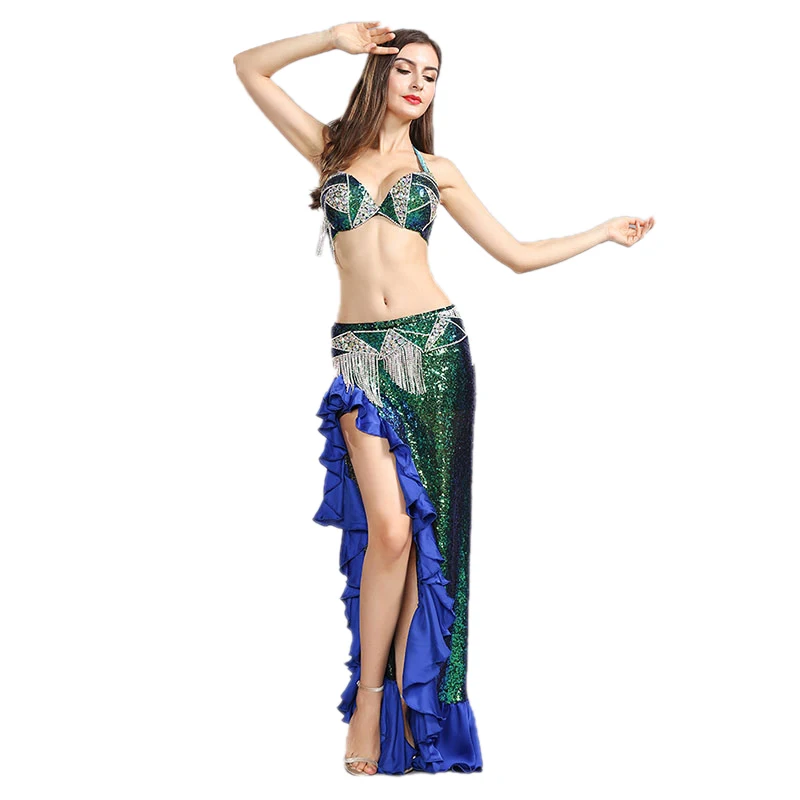 

Women Belly Dance Costume Set Sequin Fishtail Dress Bellydance Training Clothes Long Split Skirt Suit 3pcs Top Bra Belt Skirt