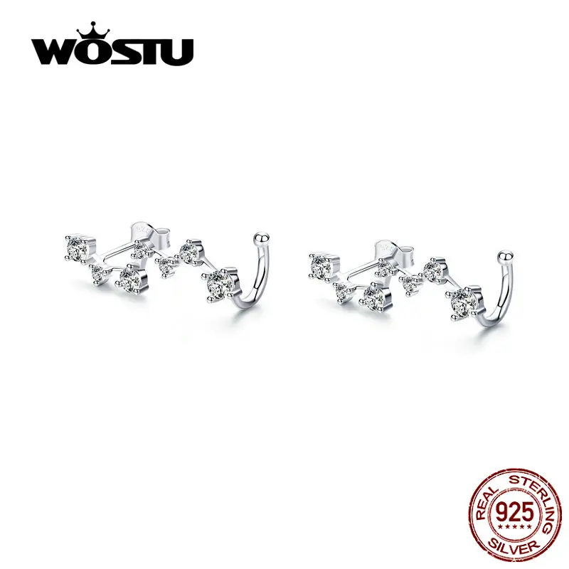 WOSTU,, настоящее 925 пробы, серебряные серьги-гвоздики, Новое поступление, прозрачные, 7 звезд, соединены вместе, серьги для подарка CQE682