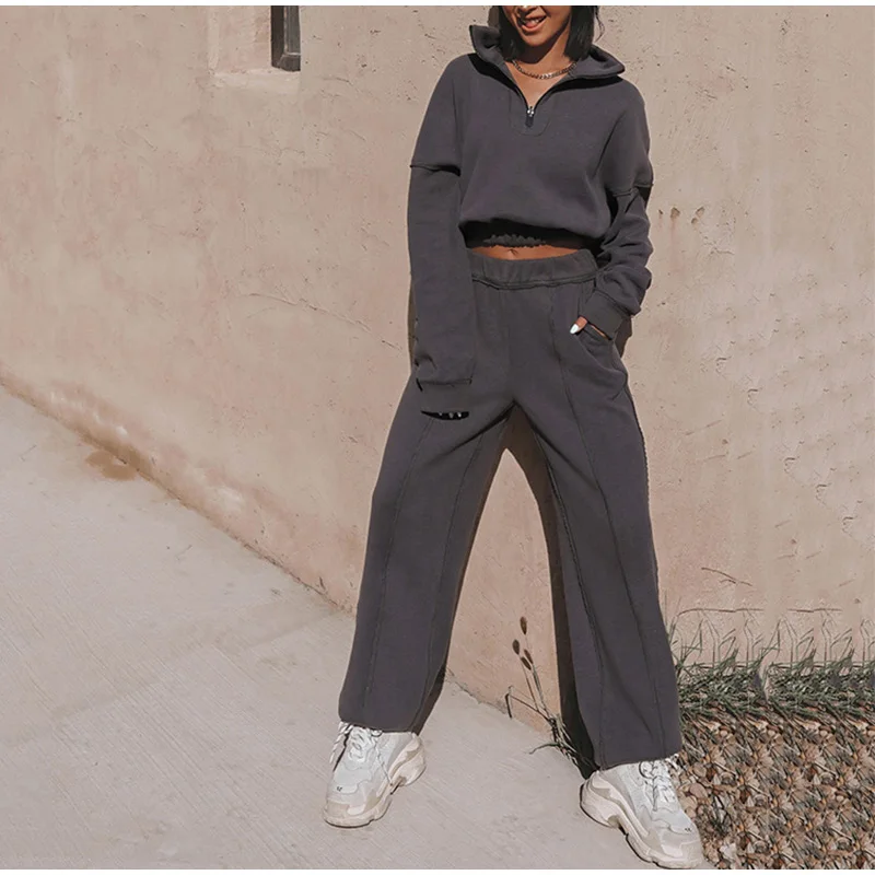 Women Solid Color Tracksuit Two Piece Set 2022 Spring Female Fashion Casual Zipper Turn Down Collar Sweatshirts Sport Suits pink jogging suit