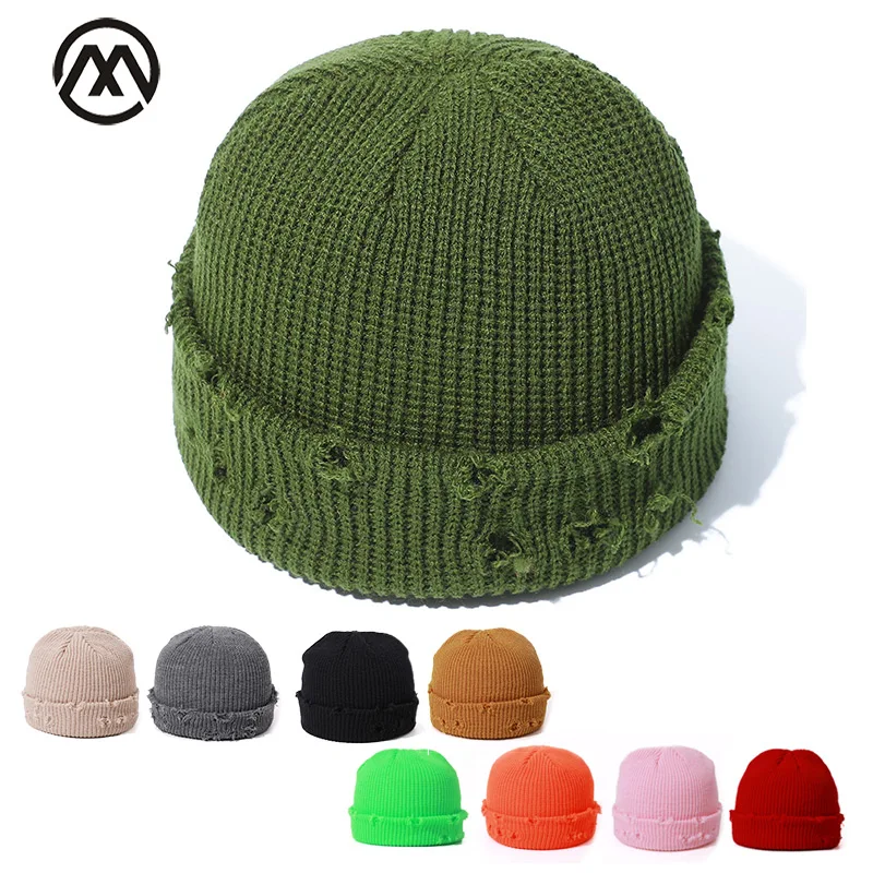 

New style ripped knit hat men's/women winter hats solid color beanie mens skull cap slouchy beanie cotton warm mask hedging cap