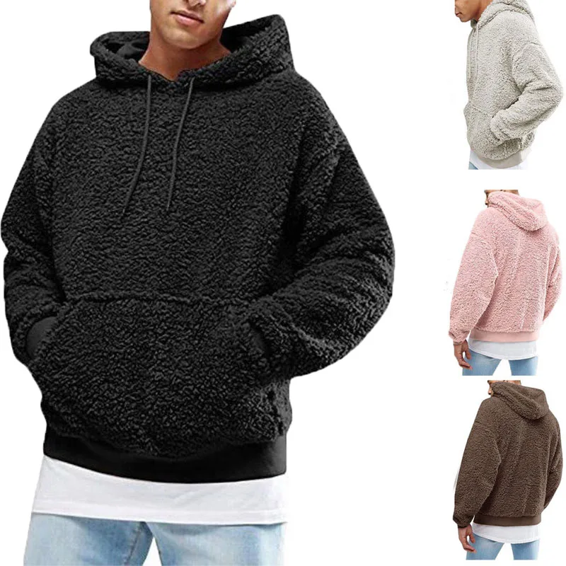 Мужской модный теплый Пушистый пуловер с капюшоном, флисовая толстовка, повседневное однотонное пальто с капюшоном, джемпер на осень и зиму