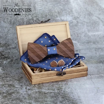 

Cheap Wholesale Handmade Wood Bow Tie Set Men's Pocket Square And Cufflinks Mens Wooden Bow Tie Line Laser On Surface