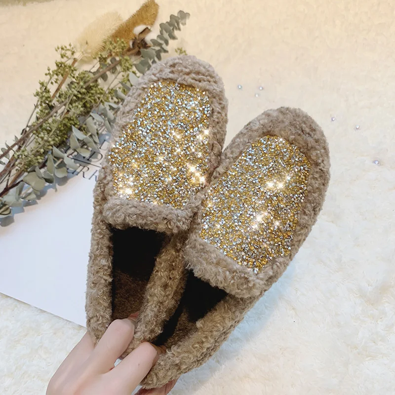 

Shoes Woman 2019 Women's Moccasins Autumn Crystal Casual Female Sneakers Modis Slip-on All-Match Loafers Fur Soft Round Toe New