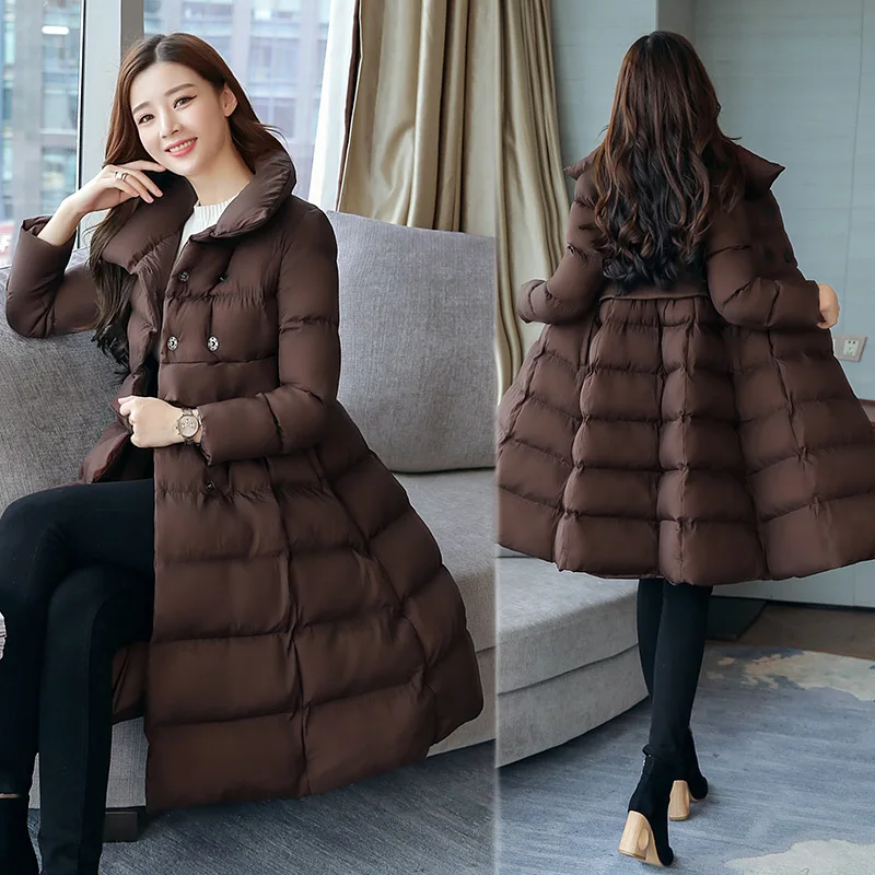 

2018 Winter New Style Korean-style Fold-down Collar Long Sleeve Mid-length Cotton-padded Clothes Women's Waist Hugging Slimming