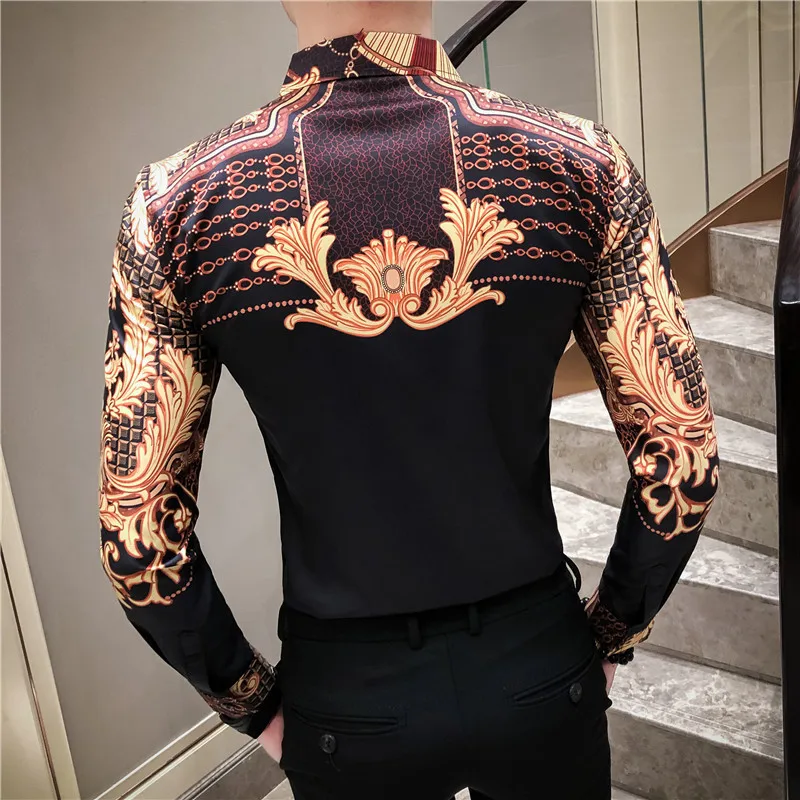 Черная, Золотая рубашка барокко для мужчин, приталенная рубашка, Camisas Para Hombre, с узором пейсли, мужская рубашка, мужская рубашка с длинным рукавом