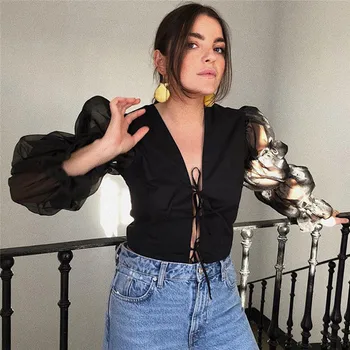 

2019 Women Sheer Mesh Long Puff Sleeve V Neck See Through Crop Top Shirt Blouse Mesh Causal Blouse Puff Long Sleeve T-shirt Top