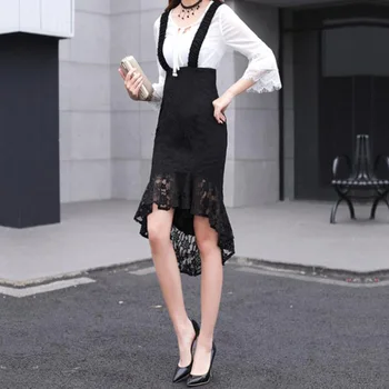 

Black Lace Bodycon Skirt Women High Waist Irregular Fish Tail Mermaid Skirt Casual High Low Two Shoulder Suspender Strap Skirts