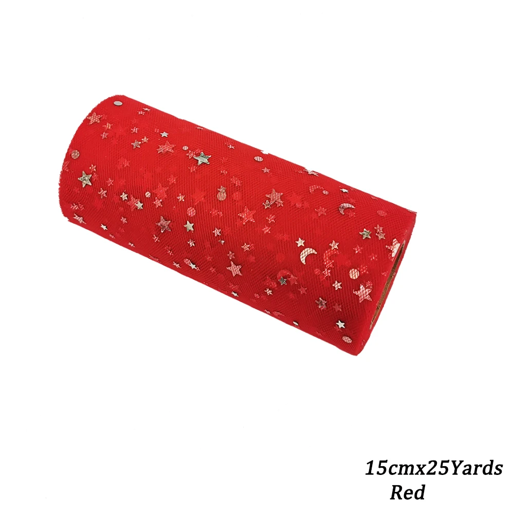 Red SM 6inch Star Tulle Roll 15cm 25Y Glitter Sequin Organza Mesh DIY Tutu Skirts Poms Laser Craft Birthday Wedding Shower Party Supply - Цвет: Red SM