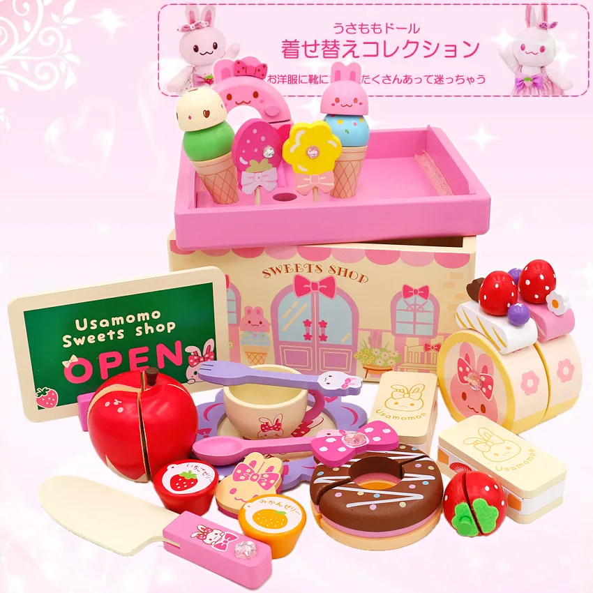 

New Style Mother Strawberry Pink Rabbit Sweet Cake Shop Wooden Children Play House Toys