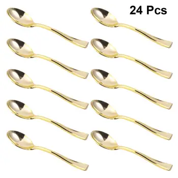 

24Pcs Mini Spoons Plastic Cake Spoons Disposable Dessert Spoons Ice-cream Spoons for Home Shop Party Golden