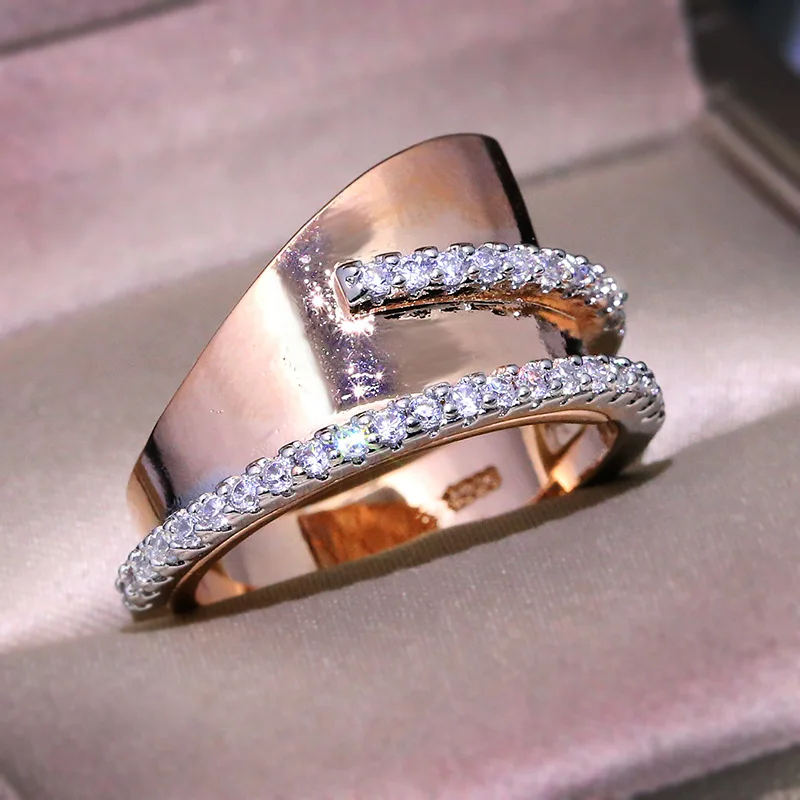 Брендовые новые модные кольца из розового золота для женщин Асимметричный сверкающий Циркон окружающие модные популярные Креативные Свадебные кольца - Цвет основного камня: Two Tone
