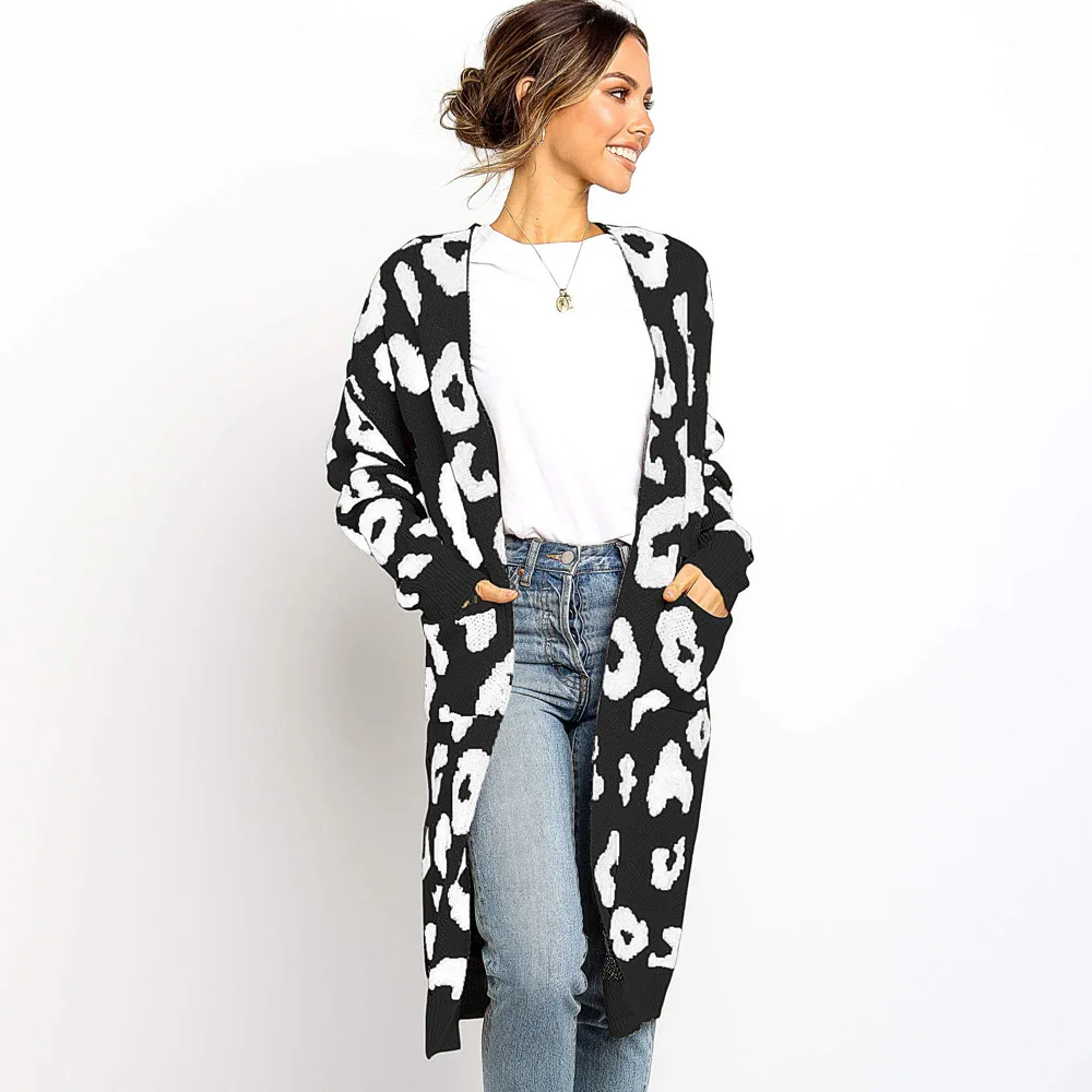 

2019 Women's Autumn And Winter New Sweater Leopard Loose Long Coat Sweater