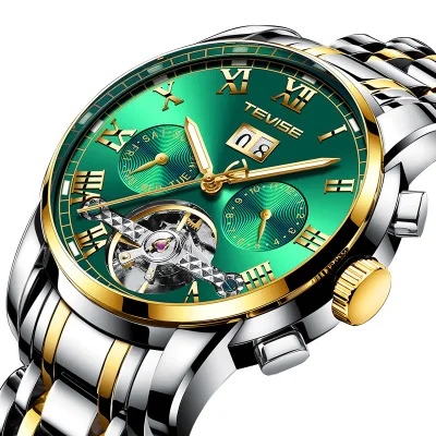 

Top Luxury Brand Mens Watches Gold Green Automatic Mechanical Watches TEVISE Men Business Waterproof Skeleton Toubillon Watch
