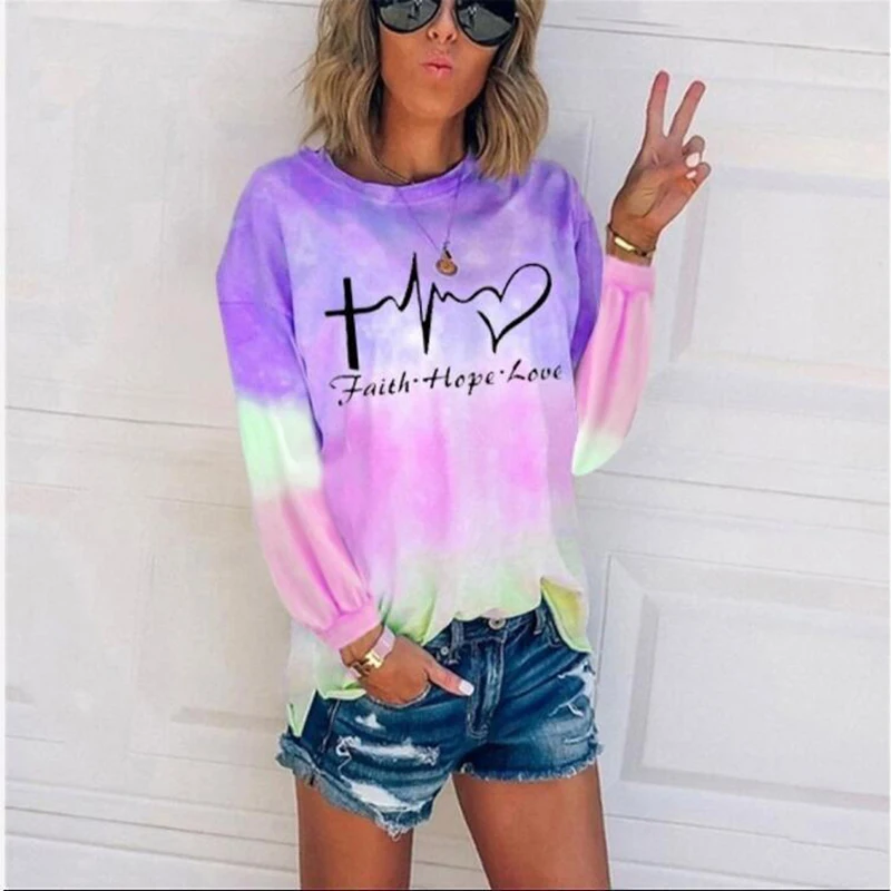 

Plus Size Women's Shirt Spring Gradient Color Letter Print Tie-Dye Round Neck Long Sleeve Sweater Tops Casual Streetwear Woman