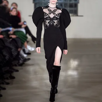 

OUSHANG Hot Sale 2020 Spring New Fashion Butterfly Perspective Slim Embroidery Split Mid-Long Dress Women's Round Neck Long