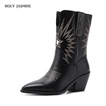 Нового материала в ковбойском стиле; женские ботинки для Для женщин с острым носком; женские ковбойские ботинки квадратный каблук сапоги до колена в стиле ретро Черная женская обувь