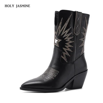 

2020 New Western Cowboy Womans Boots for Women Pointy Toe Cowgirl Boots Square Heels Knee High Boots Retro Black Women Shoes