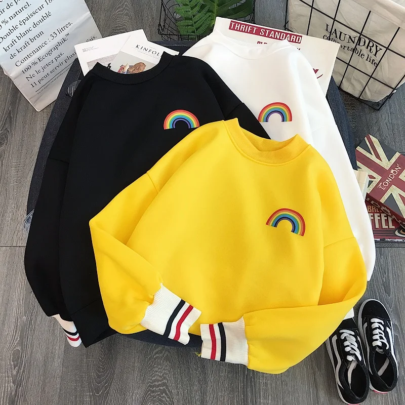 

Spring 2020 High Quality Harajuku Rainbow Embroidery Fleece Hoodies Women Korean Kawaii Sweatshirts Oversized Hoodie Streetwear