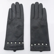 Nh luvas de couro genuíno para as mulheres inverno manter quente preto real goatskin luvas de couro super desconto liquidação kcl