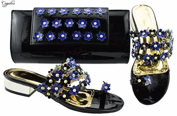 

Hot Sale Black With Blue Appliques African Lower Heel Slipper Shoes And Handbag Set For Lady JZC006 Heel Height 3CM