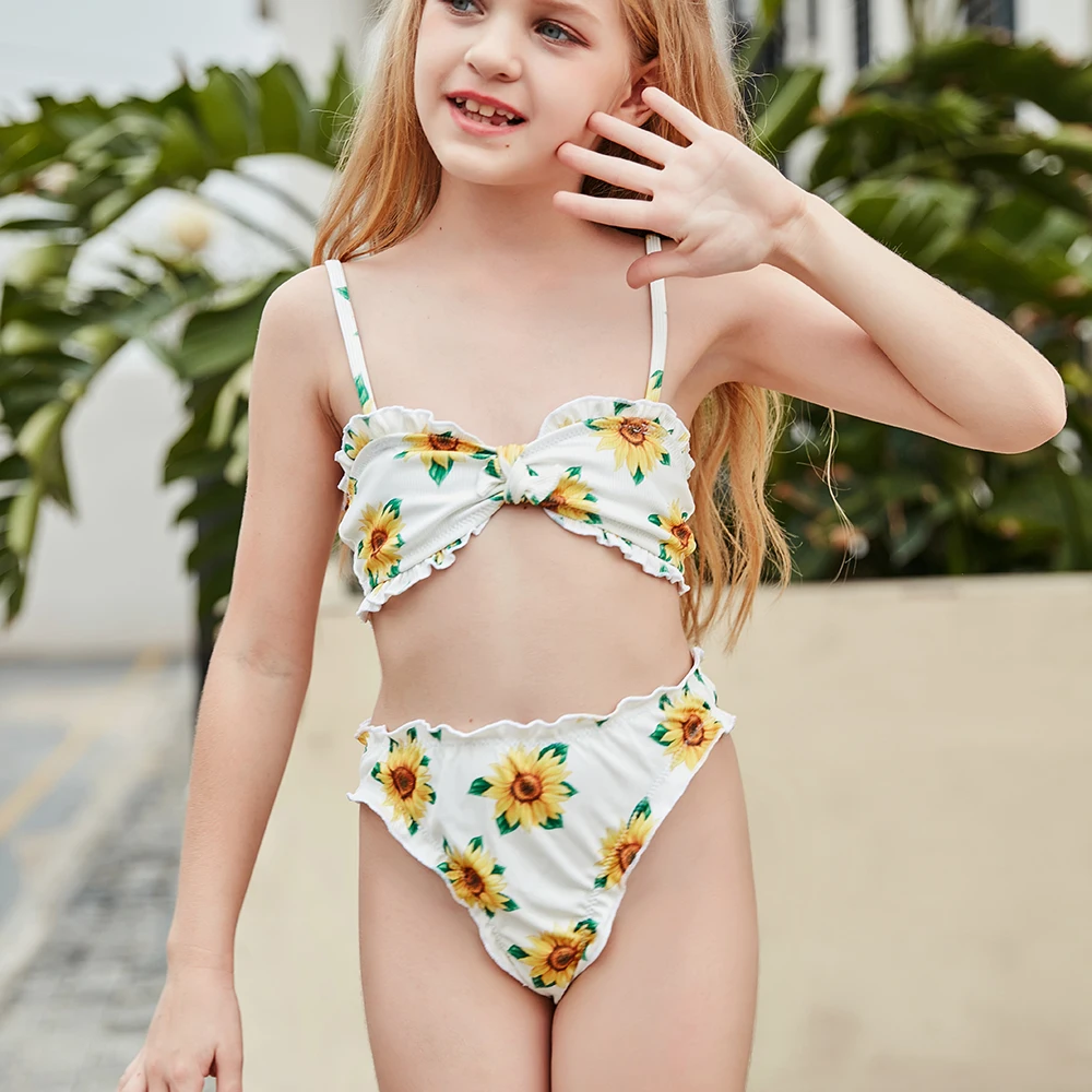 Ruffled Kids Bodysuits Sunflowers Swimsuit Two Piece Bikini for Teen Gilrs Children Retro Bathing Suit Summer Beach Swimwear | Спорт и