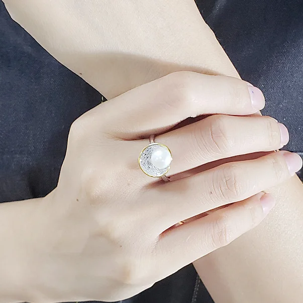 Ring MeiBaPJ, настоящее 925 пробы, серебро, спиральная форма, Модный Ювелирный Набор, натуральный жемчуг, подвеска, кольцо, серьги, свадебные ювелирные изделия для женщин - Цвет камня: Ring