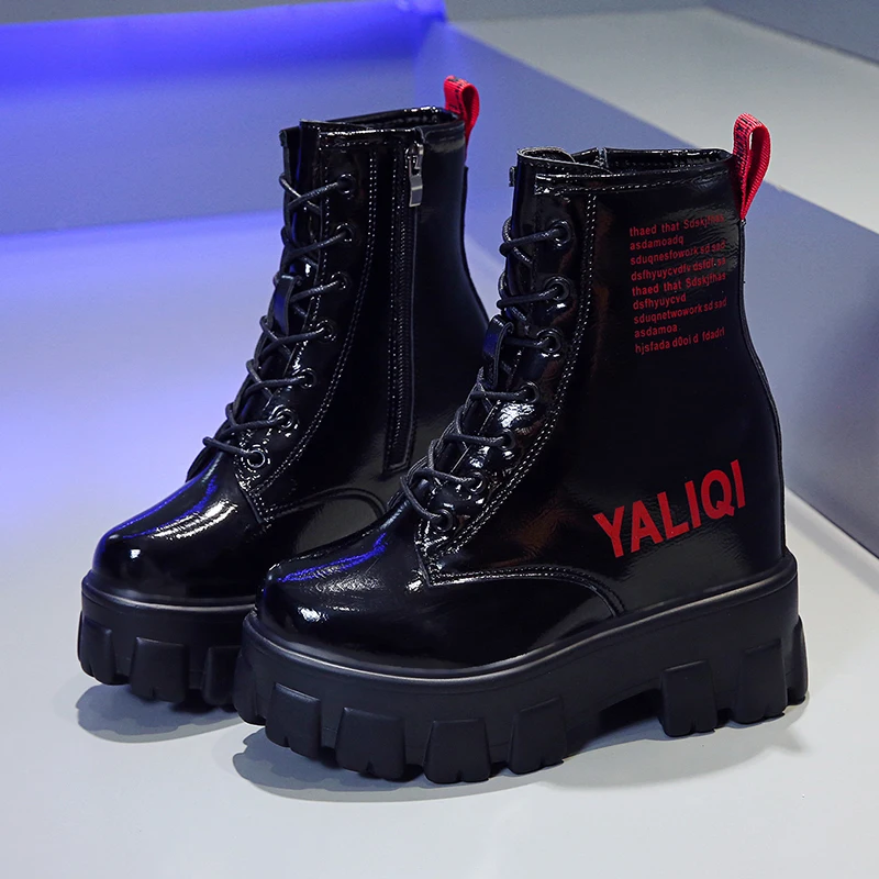 Skup Nowe damskie botki 2019 jesienne lakierki wysokie trampki 10CM wysokie obcasy Chunky buty na platformie zima gruba podeszwa Boot