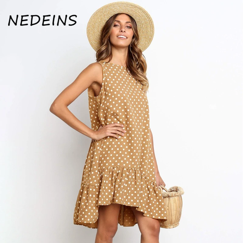 

NEDEINS 2020 Summer Beach Print Mini Dress Women Fashion Sleeveless Dot Dress Crew Neck Lotus Leaf Plus Size Dresses