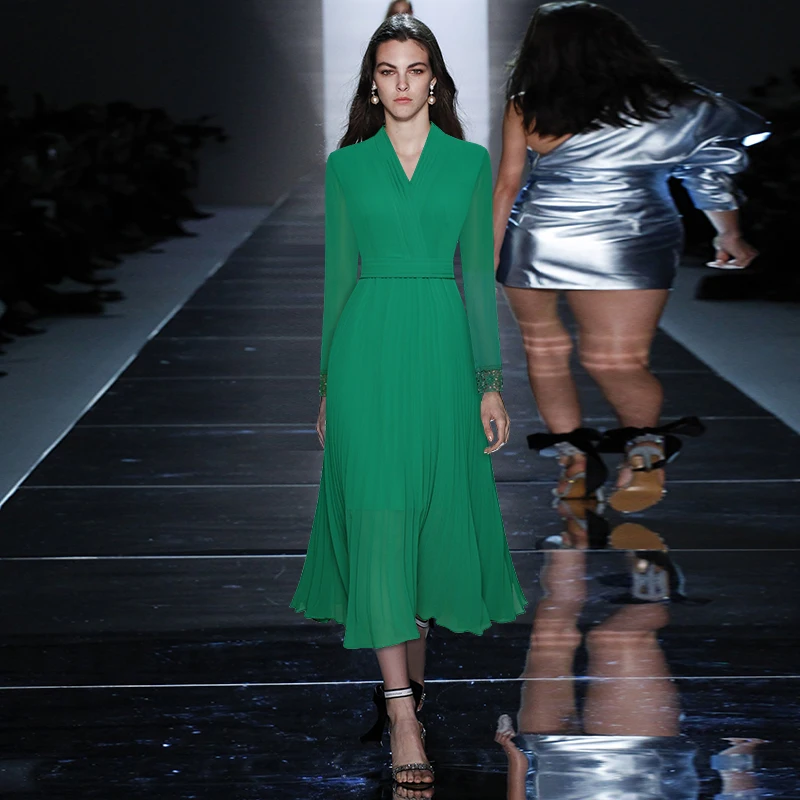 Women elegant pleated plus size dress spring summer 2021 mid-calf V-neck long sleeve lace sexy party dresses green black | Женская