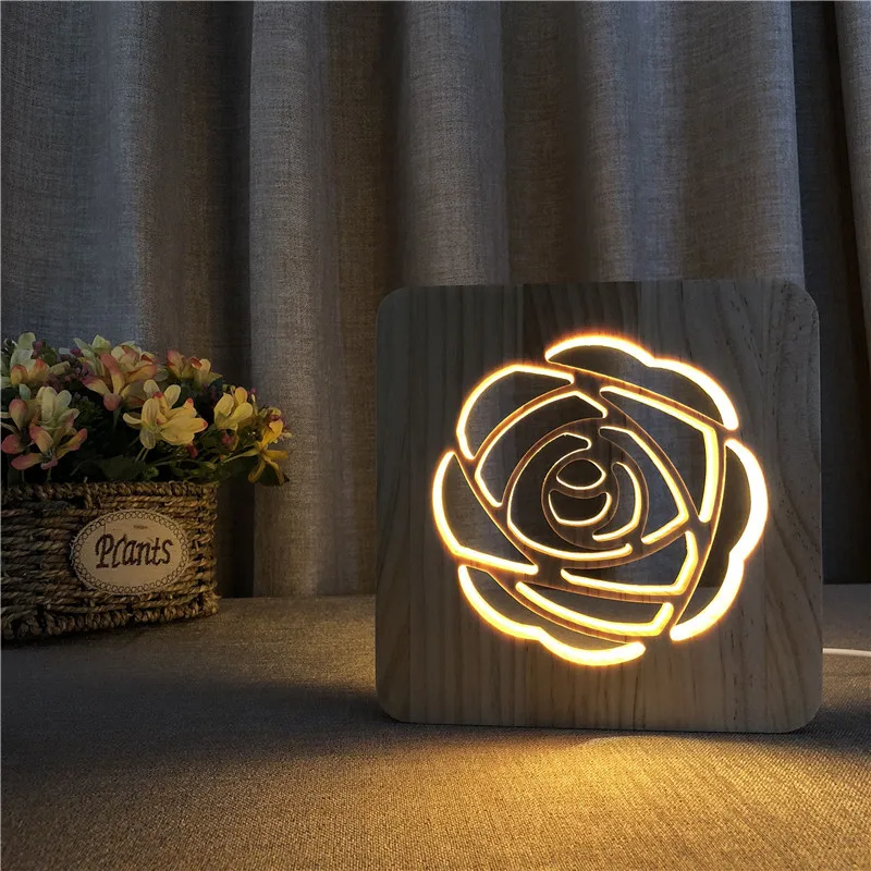

Creative Valentine's Day Rose Romantic Gift Lamp 3d Led Wooden Night Lights for Bedroom Wedding Decoration Ambient Light