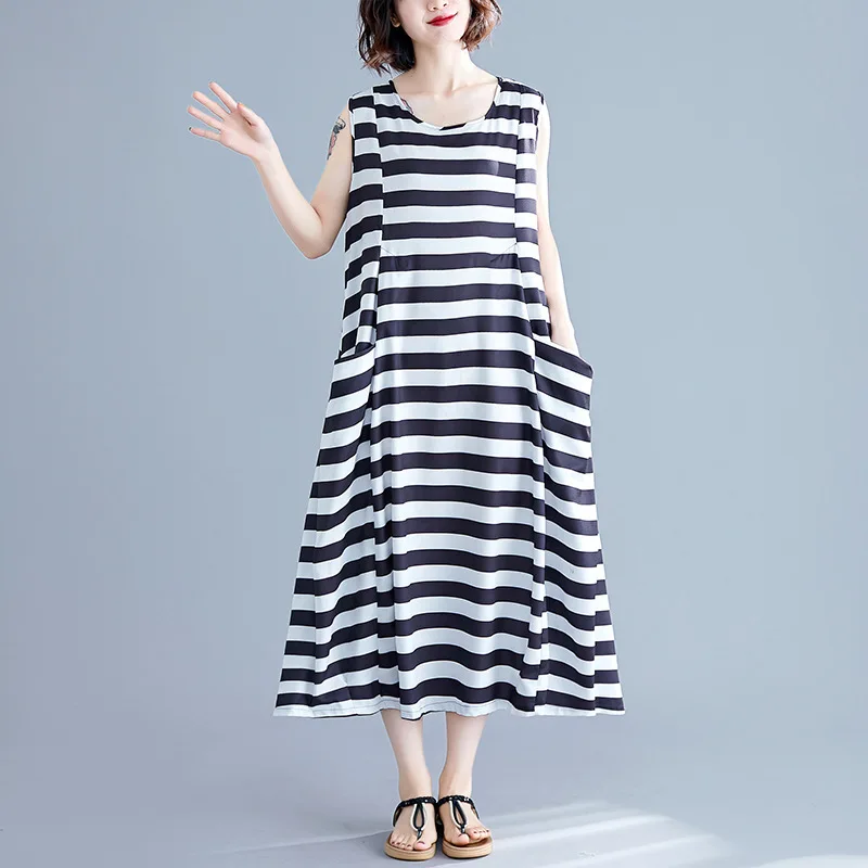 

2019 Summer New Style Literature And Art Crew Neck Stripes Vest Dress Women's Loose-Fit Casual Sleeveless Mid-length Big Skirt