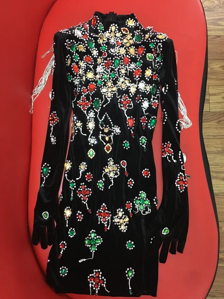 New Design Colorful Crystals Turtleneck Black Velvet Dress Evening Sexy Chains Dance Costume Birthday Gloves Sleeves Dress