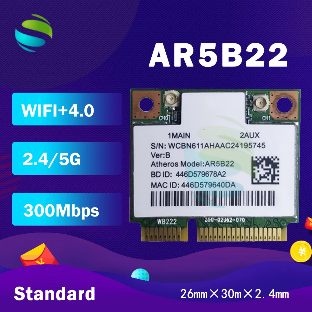 Wireless-Card WLAN Mini Pcie Bluetooth4.0 Wifi Azurewave Ar9462 AR5B22 300M Half WB222