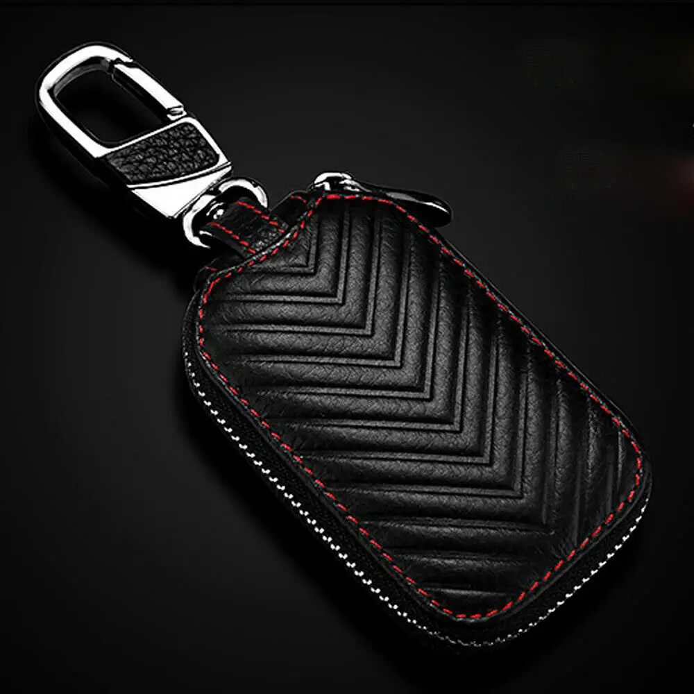 

Black Key Holder Cover Car Key Chain Bag Genuine Leather Remote Fob Zipper Case Useful Car Interior Accessories