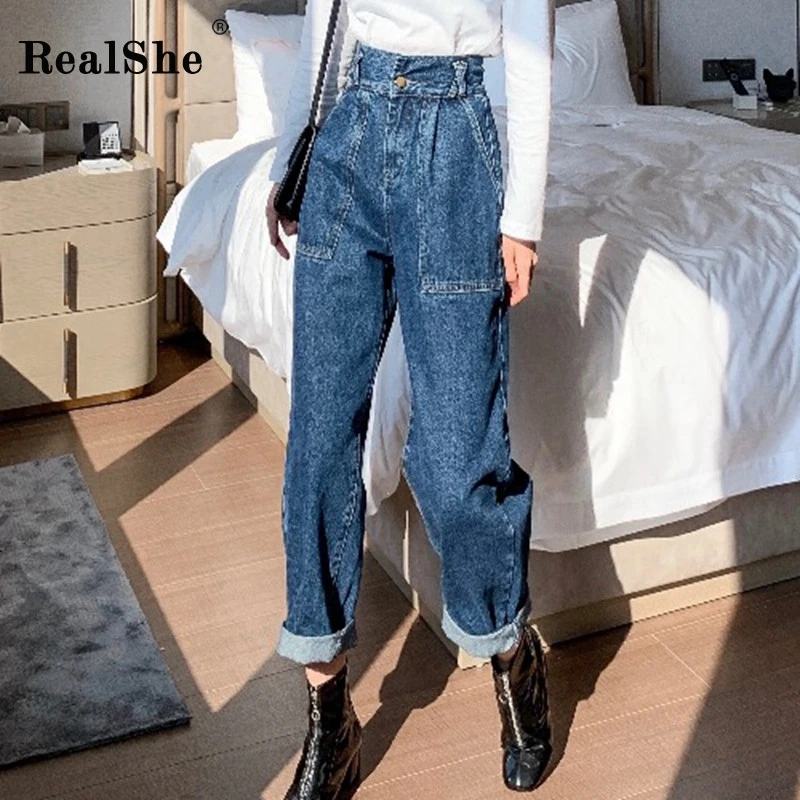 RealShe джинсы для женщин с высокой талией, карманами и пуговицами, однотонные штаны-шаровары для женщин на осень и весну, повседневные уличные брюки для женщин