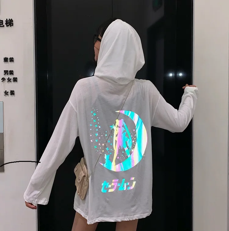 

fluorescence girls Shirt Sunscreen Sunproof Hooded Pullovers Harajuku Cute Kawayi White Think Hoodies