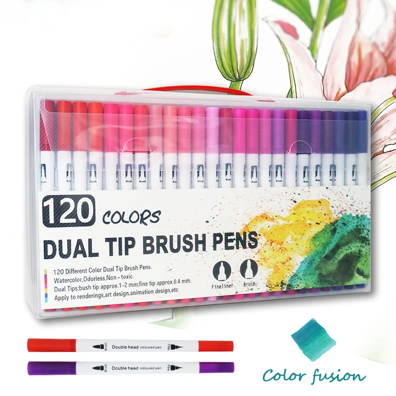 

120 Colors Fine liner Children Painting Drawing Watercolor Art Maker Pen Dual Tip Brush Pen Special For School Art Supplies
