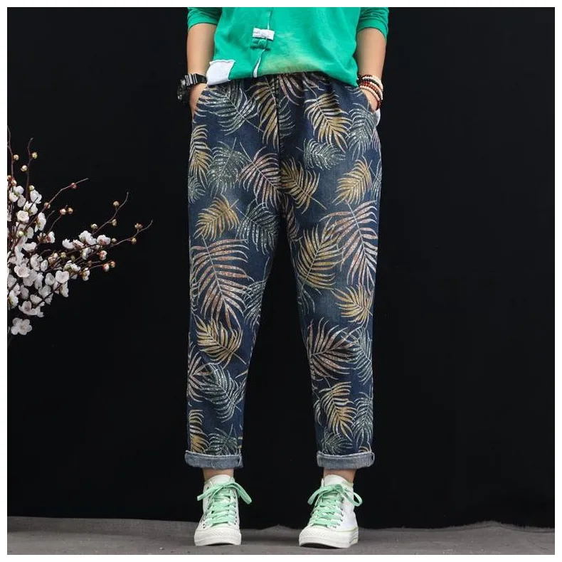 SOUL OF TIGER новые корейские модные стильные женские винтажные цветочные джинсы женские свободные шаровары с принтом негабаритные джинсовые брюки