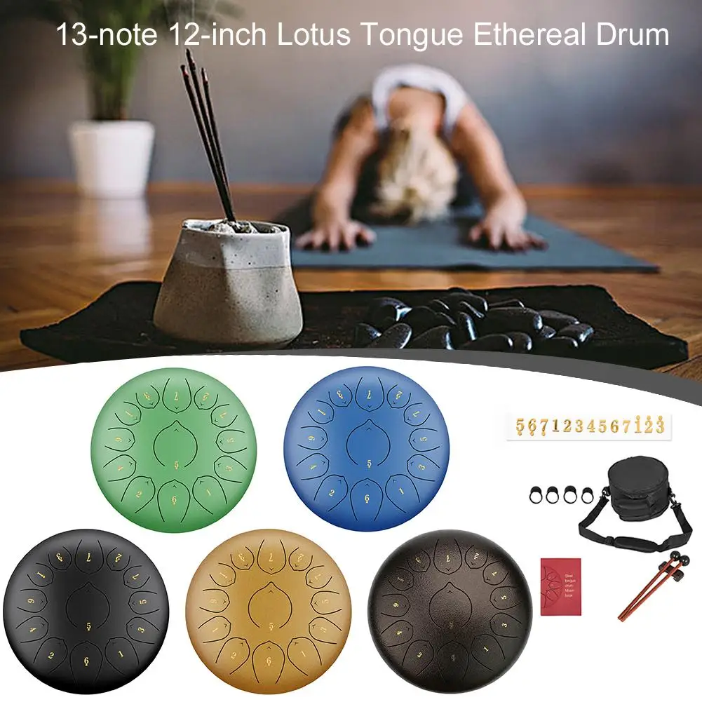 

12 Inch 13 Note Stainless Steel Tongue Drum Percussion Instrument Lotus Hand Pan Drum with Drum Mallets Carry Bag