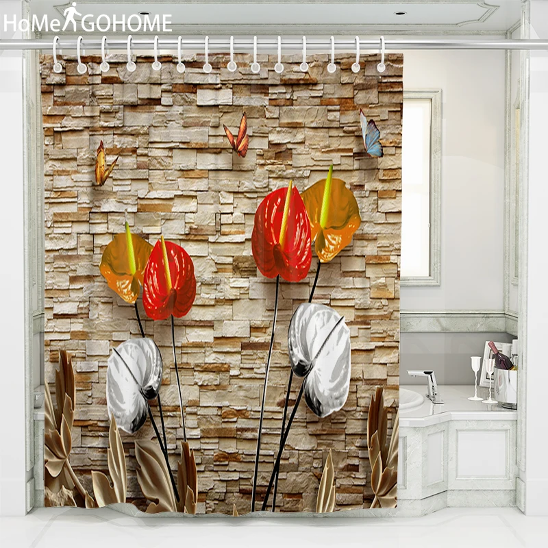 

Brick Wall Poppies Flower Waterproof Shower Curtain 3D Polyester Fabric Bath Bathing Bathroom Curtains for Home Decorations Art