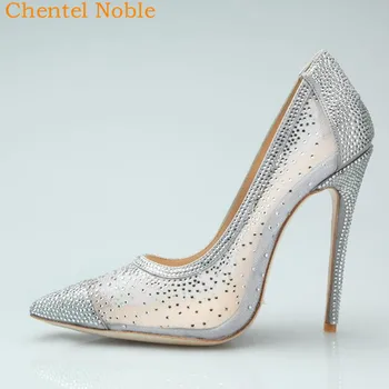 

2019 Brand Chentel Full Crystal High Heel Shoes Women Ladies Leather Ladies So Nice Kate Wedding Shoes Women Pumps Big Size