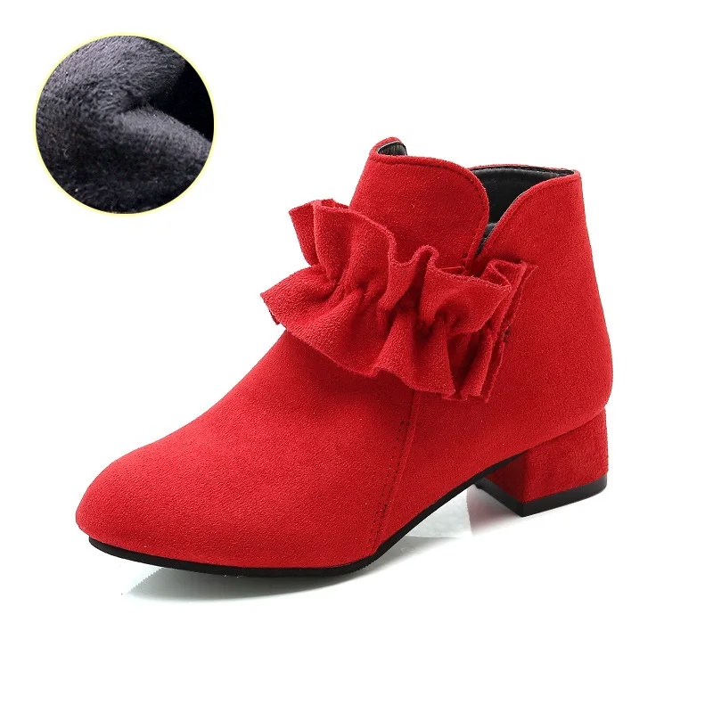 Children Girls Suede Plush Lining Ankle Boots Kids Fashion Low-heeled Boots Autumn Winter Children Shoes Size 27-37 - Цвет: Red Plush Lining