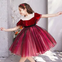 Красное платье на год и свадьбу для девочек милое рождественское платье с бисером Детские платья с оборками для девочек бархатное платье с блестками для дня рождения L5153