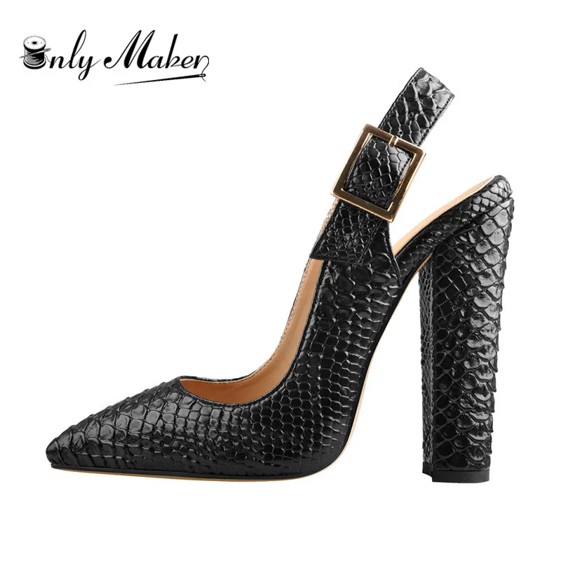 Onlymaker Women Sexy Slingback Pointed Toe Fish Scale 12CM Pumps Ankle Strap Chunky Square Heel Dress Shoes For Summer